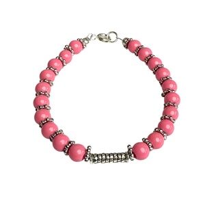 Hand Crafted Pink Glass & Silver Tone Beaded Bracelet Size 6.5 NEW